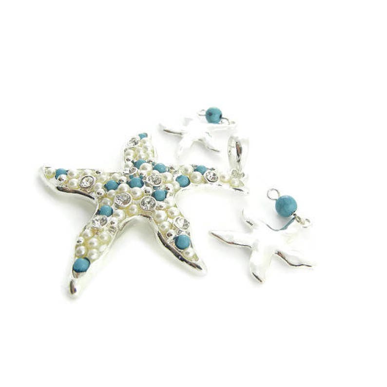 Set of Silver-tone Starfish Pendant and Charms Turquoise Cabochons Rhinestones image 2