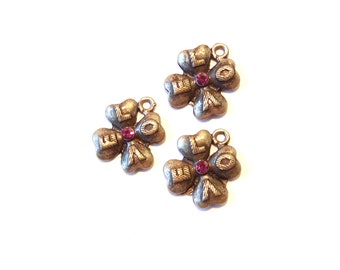 3 Burnished Gold-tone Four Leaf Clover Charms with Love and Fuschia Rhinestone