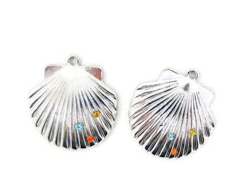 Pair of Silver-tone Shell Charms with Multi Colored Rhinestones