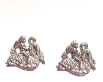 2 Pewter Charms of Angel Riding on Swan Fantasy