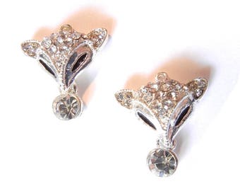 Pair of Small Rhinestone Fox Head Charms Silver-tone