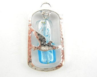 Cut-out Silver-tone Dove with Turquiose Glass Drop Pendant