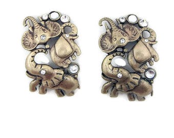 Set of 2 Antique Gold-tone Elephant Slide Charms Rhinestones