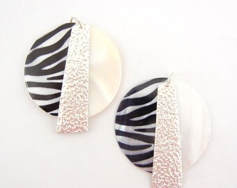 Set of 2 Large Half Zebra Print Shell Charms Tribal with Hammered Silver-tone Center Accent