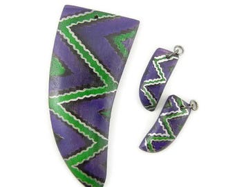 Set of Purple Wooden Horn or Claw Shaped Pendant and Charms Tribal Print