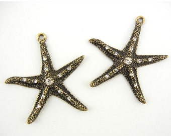 Pair of Burnished Gold-tone Textured Starfish Charms Rhinestones