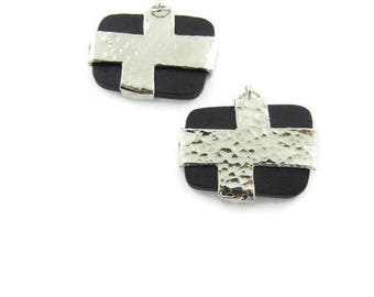 Pair of Black Wood and Hammered Silver-tone Tribal Charms