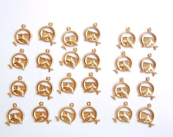 12 Pairs of Small Brass Dolphin Jumping Through Ring Charms