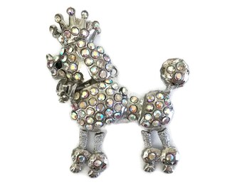 Large Dimensional French Poodle Pendant with AB Rhinestones Articulated Body Silver-tone