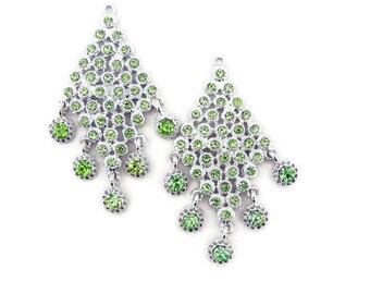 Pair of Diamond Shape Light Green Peridot Drop Charms Silver-tone