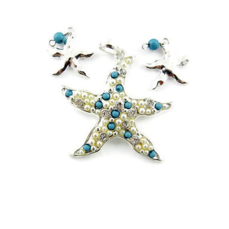 Set of Silver-tone Starfish Pendant and Charms Turquoise Cabochons Rhinestones image 3