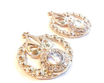 Pair of Gold-tone Round Decorative Drops with Rhinestones and Acrylic Gray Gem Accent