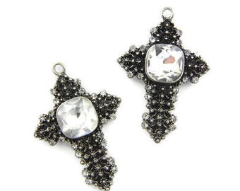 Pair of Antique Silver-tone Textured Rhinestone Cross Charms