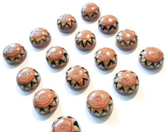 16 Hand Painted Wood Cabochons Brown Yellow Black Tribal Star Design