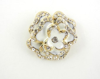 Gold-tone Rose Pendant with White Epoxy and Rhinestones Double link