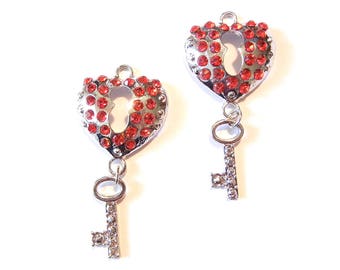 Pair of Heart Shaped Lock and Key Charms Silver-tone Red Rhinestones