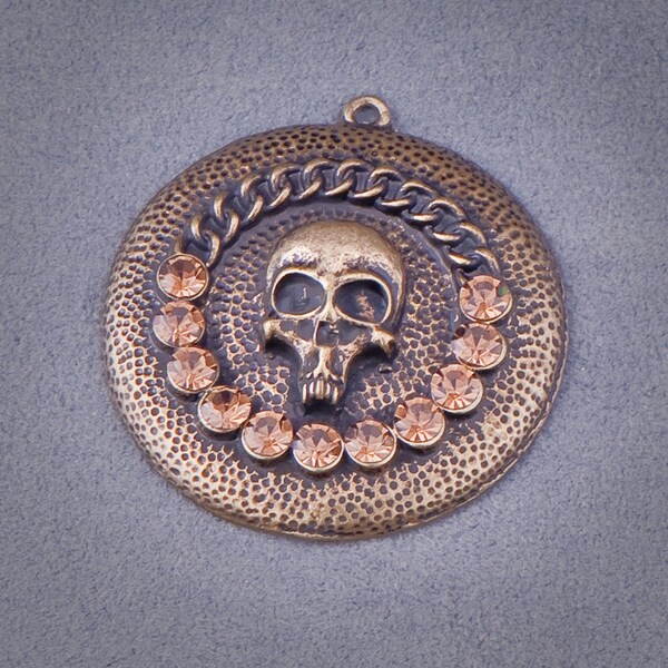 Antique Gold-tone Round Skull Pendant Topaz Rhinestone Accents