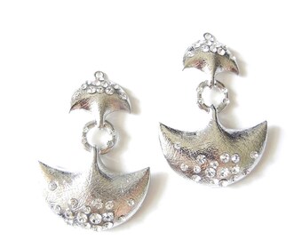 Pair of Ethnic Primitive Drop Charms Silver-tone with Rhinestones Brushed Texture