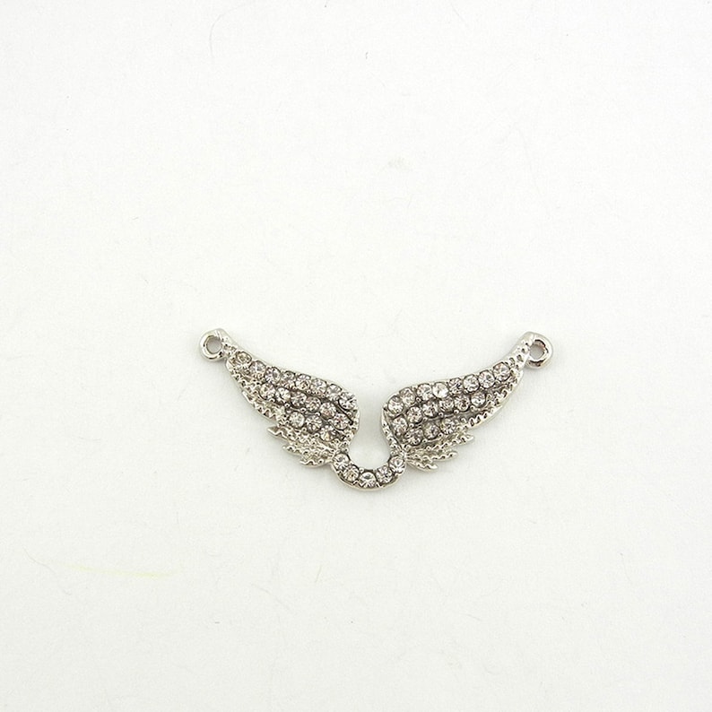 Small Rhinestone Double Link Wings Pendant Silver-tone