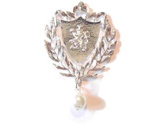 Bright Silver-tone Heraldry Shield with Lion Crest and Faux Pearl Drop Pendant Jewelry Supplies