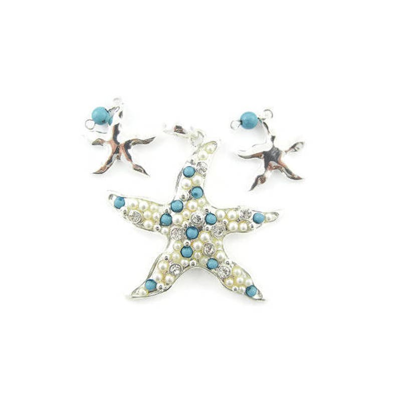 Set of Silver-tone Starfish Pendant and Charms Turquoise Cabochons Rhinestones image 1