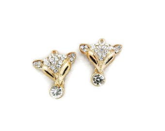 Pair of Small Rhinestone Fox Head Charms Gold-tone