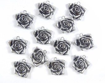 Set of 12 Antique Silver-tone Rose Flower Charms