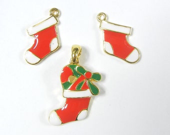 Set of Red Christmas Stocking Pendant and Charms Gold-tone