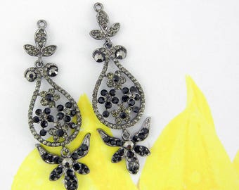 Pair of Chandelier Hematite Flower Themed Drops Black Rhinestones