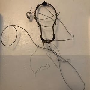 以下が含まれることがあります： 上部に円形があり、下方にいくつかのループと曲線が伸びているワイヤー製の金属彫刻。彫刻は白い壁に取り付けられています。