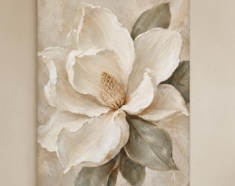 White Magnolia Canvas Art, Neutral Floral Botanical Wall Decor, Beige Textured Print