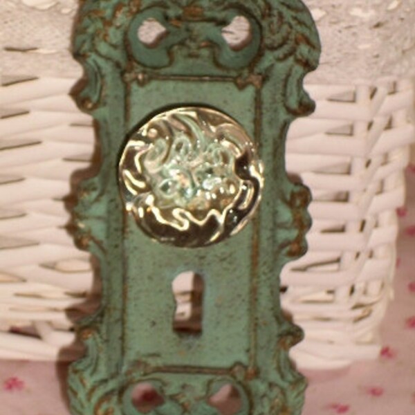 Vintage Inspired Cast Iron Aqua Door Plate with Glass Knob Coat Hanger or Curtain Tie Back