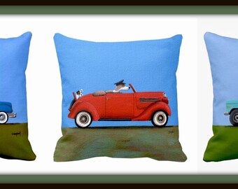 Dogs Driving Otis In Vintage Cars Throw Pillows