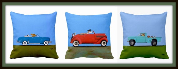 Dogs Driving Otis in Vintage Cars Throw Pillows 