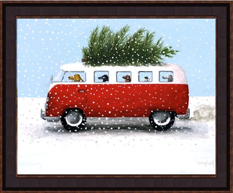 Custom Giclee Print Of Your Dogs In Tim Campbell/'s Christmas VW Bus Painting