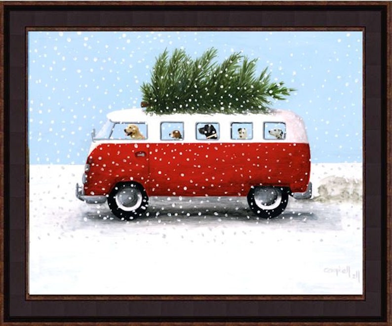 Custom Giclee Print Of Your Dogs In Tim Campbell/'s Christmas VW Bus Painting