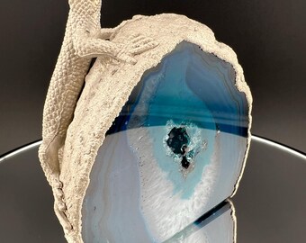 Electroformed Lizard on Teal Agate Geode - Nickel Finish