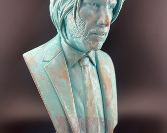 Electroformed Copper John Wick Bust, Keanu Reeves Sculpture, Blue Patina Finish