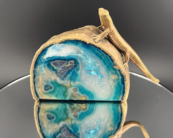 Teal Agate Geode Dyed Blue With Gecko Copper Electroformed Brass Finished