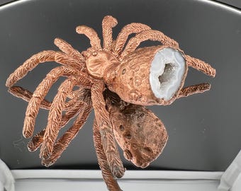 Electroformed Spider Replica Plastic With Oco Geode And Crystals Copper Electroformed Cooper Clear Coated