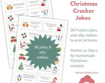 May include: Printable Christmas cracker jokes and riddles.  The printable cards feature a variety of festive illustrations, including a snowman, a penguin, a reindeer, and a Christmas tree.  The text on the cards reads "36 Festive jokes and silly riddles to print at home".  The text also reads "Perfect as fillers for homemade Christmas crackers".