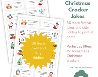 May include: Two sheets of Christmas-themed joke cards with illustrations of reindeer, snowmen, and Santa. The cards feature the text "More Christmas Cracker Jokes" and "36 fresh jokes and silly riddles" for homemade Christmas crackers.