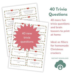 May include: Two sheets of trivia questions with red and green decorative borders. The text "40 new trivia questions" is in a pink starburst shape. The image also includes the text "40 Trivia Questions" and "Instant Download".