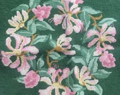 Pair of vintage wool cross stitch chair covers embroidery of honeysuckle.