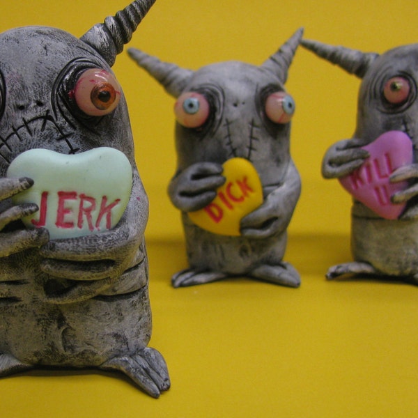 lowbrow one of a kind figure Valentines Day monster by mealy monster land Conversation heart