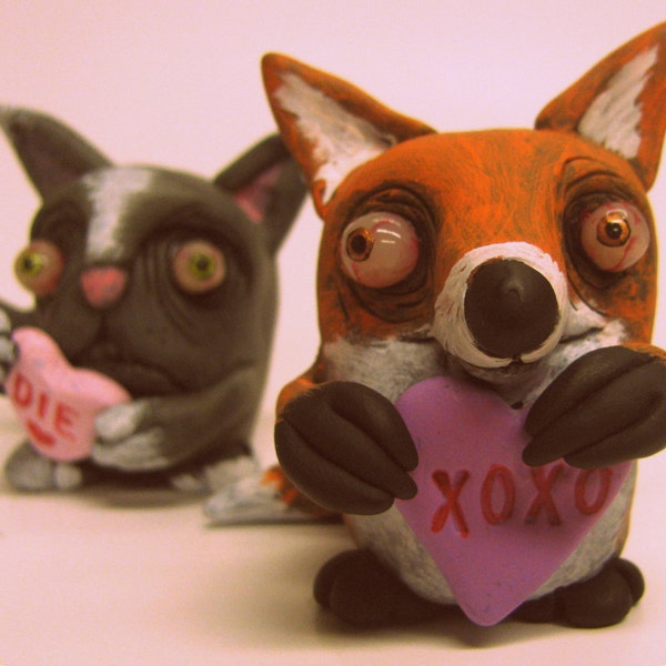 lowbrow one of a kind figure Valentines Day fox monster by mealy monster land Conversation heart