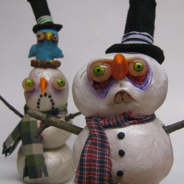 one of a kind sad snowman ooak art doll figure by mealy monster land