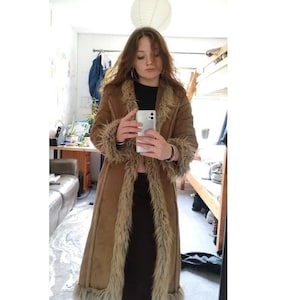 Women Penny Lane Coat Fur Coat Long Coat Shearling Coat in Brown 70s Vintage Toscana Fur Trim Trench Coat Afghan Coat Wool Coat Bohemian Y2k