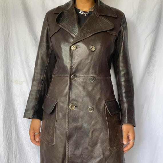 Vintage Leder Trenchcoat Zweireihiger Echtleder Mantel Damen