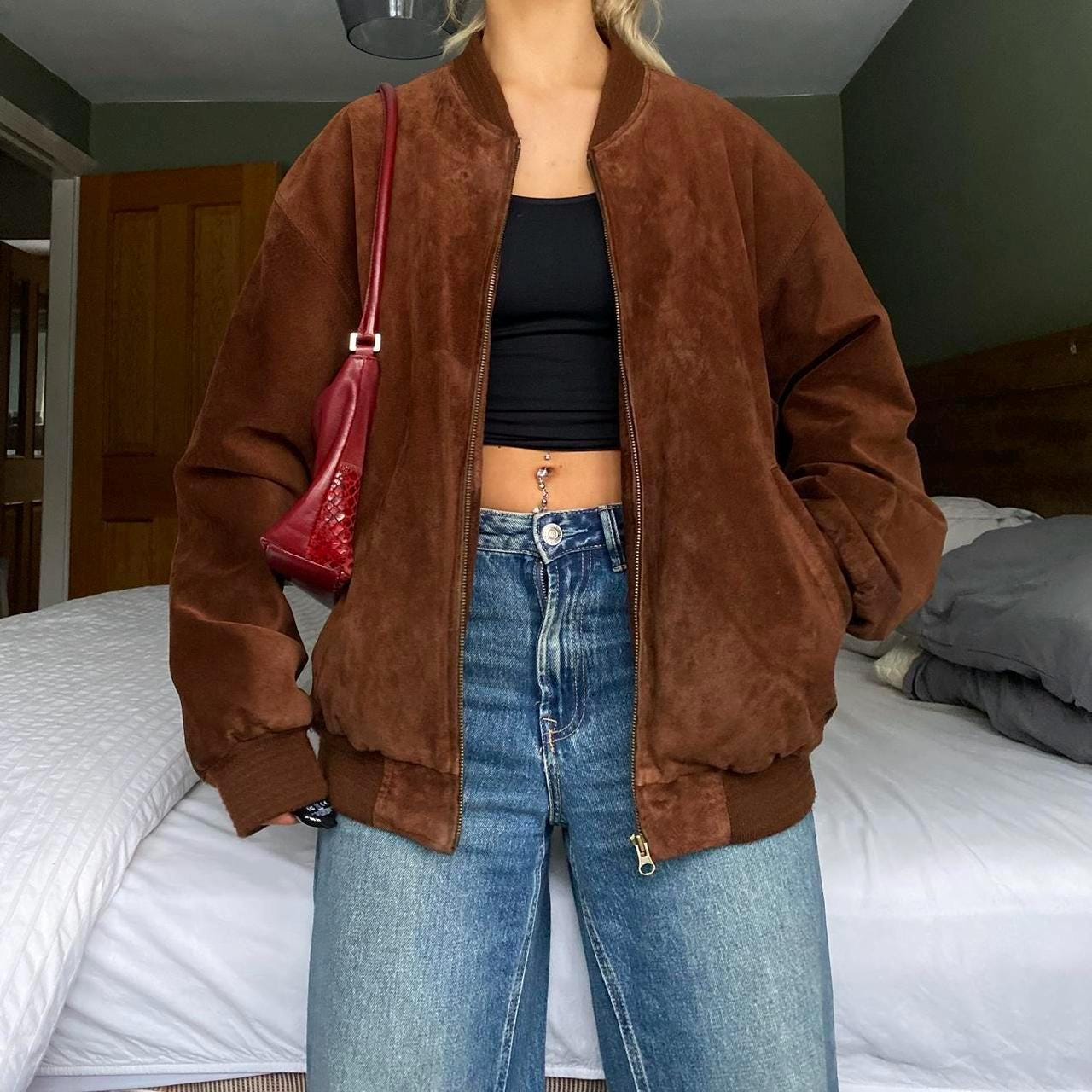 90s Women Suede Bomber Leather Jacket | Brown Genuine Suede Jacket